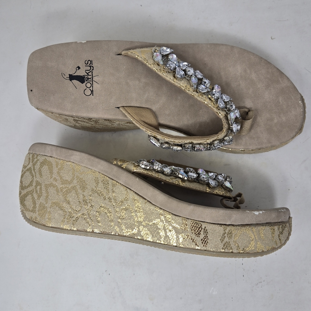 Corkys Tan Wedge Platform Slip On Flip Flop Sandals Women's Size 10